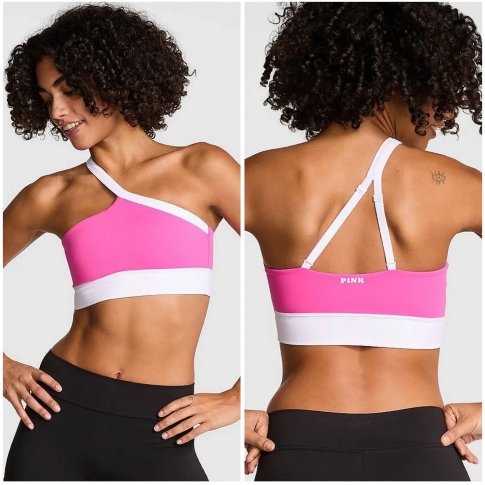 PINK VS RELAY ONE-SHOULDER SPORTS BRA Pink White Women size XS/S - Picture 1 of 6